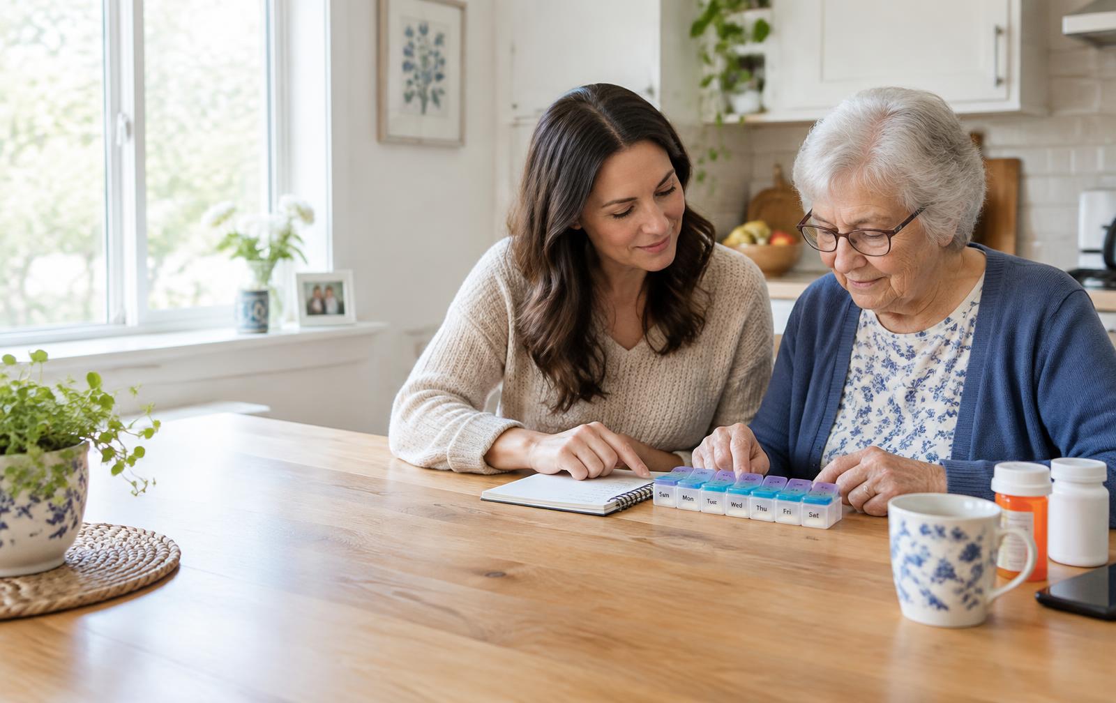 An adult daughter reviewing medications with her mother at the kitchen table