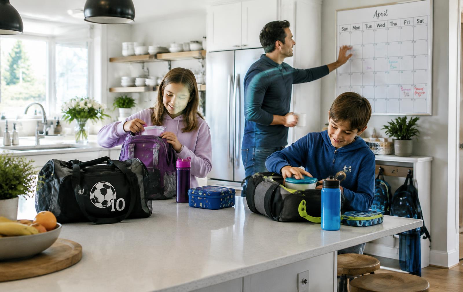 A family getting ready for the day in the kitchen, with kids packing activity bags and a parent updating the calendar